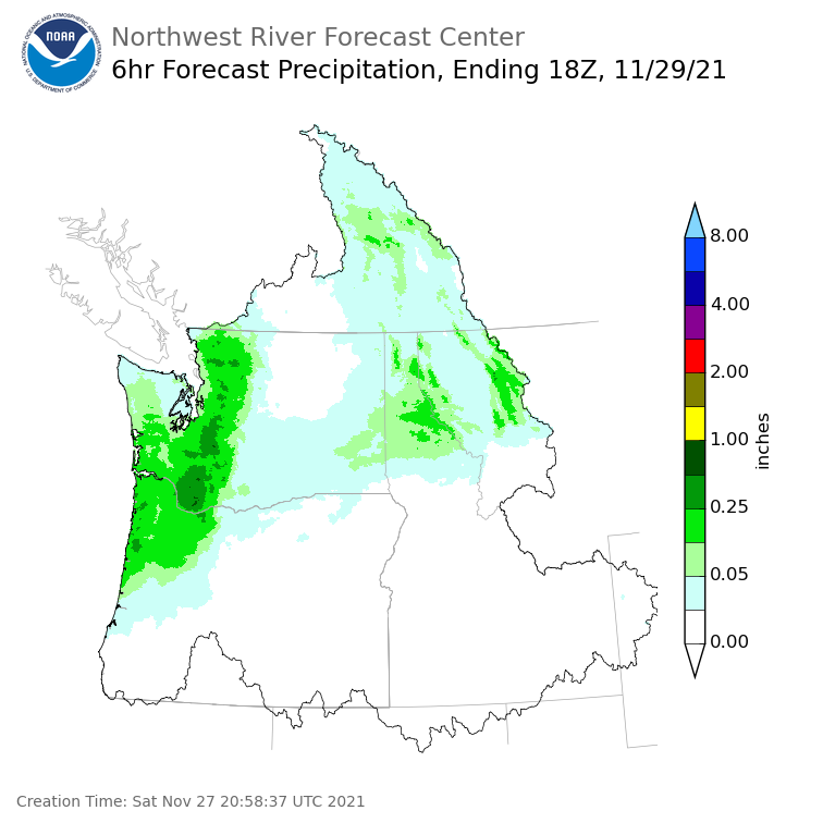 Day 3 (Monday): 6 Hourly Precipitation Forecast  ending Monday, November 29 at 10 am PST