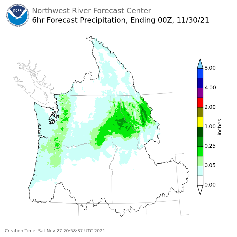 Day 3 (Monday): 6 Hourly Precipitation Forecast  ending Monday, November 29 at 4 pm PST