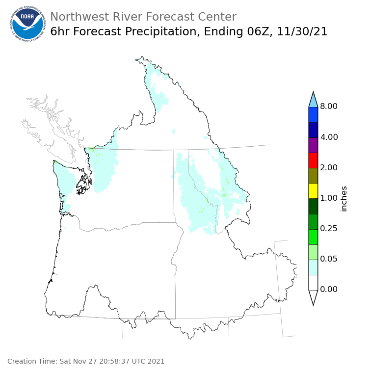 Day 3 (Monday): 6 Hourly Precipitation Forecast  ending Monday, November 29 at 10 pm PST