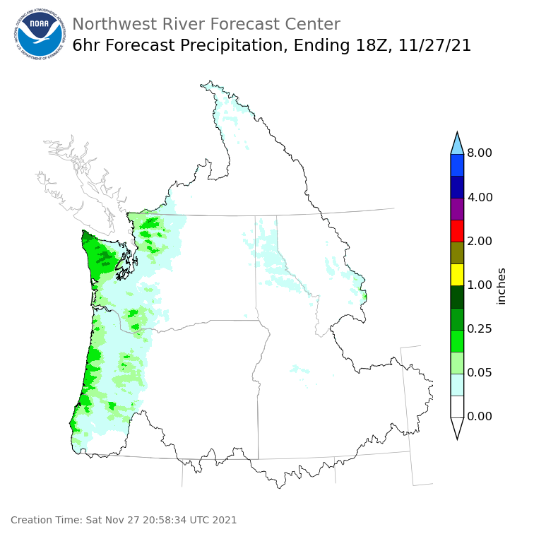 Day 1 (Saturday): 6 Hourly Precipitation Forecast ending Saturday, November 27 at 10 am PST