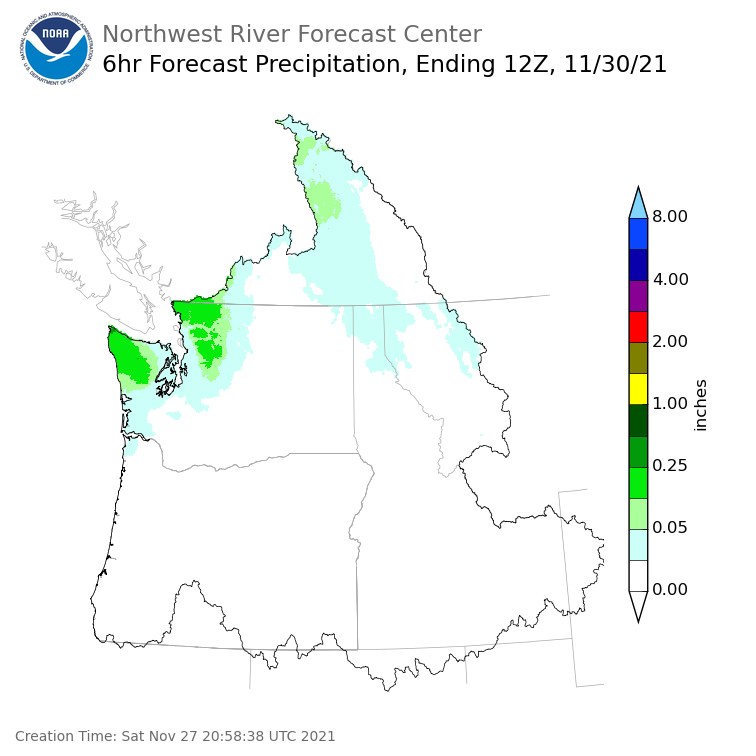 Day 3 (Monday): 6 Hourly Precipitation Forecast  ending Tuesday, November 30 at 4 am PST