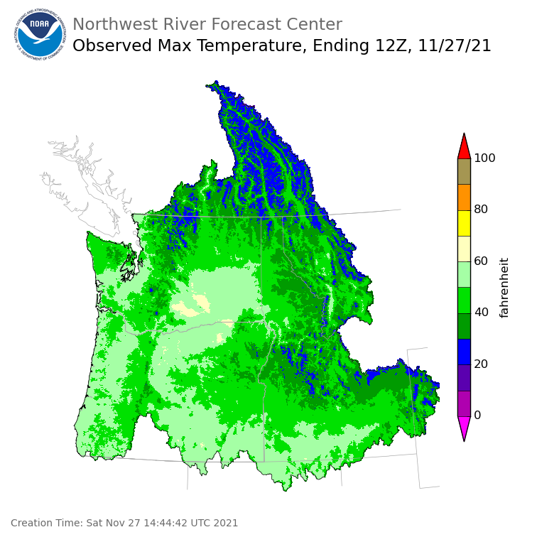 Maximum Temperatures ending Friday, November 26 at 8 pm PST