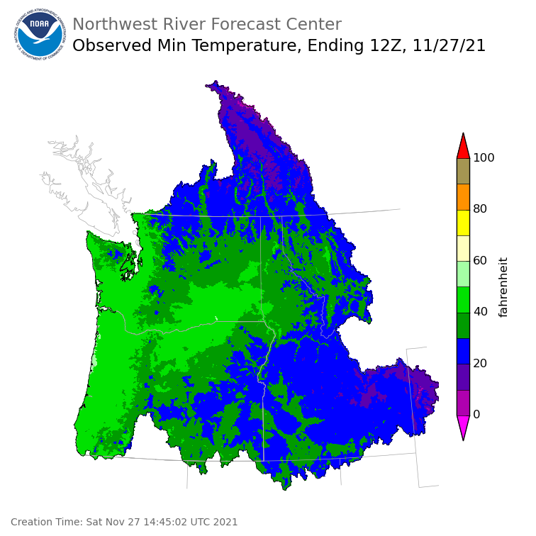 Minimum Temperatures ending Saturday, November 27 at 4 am PST