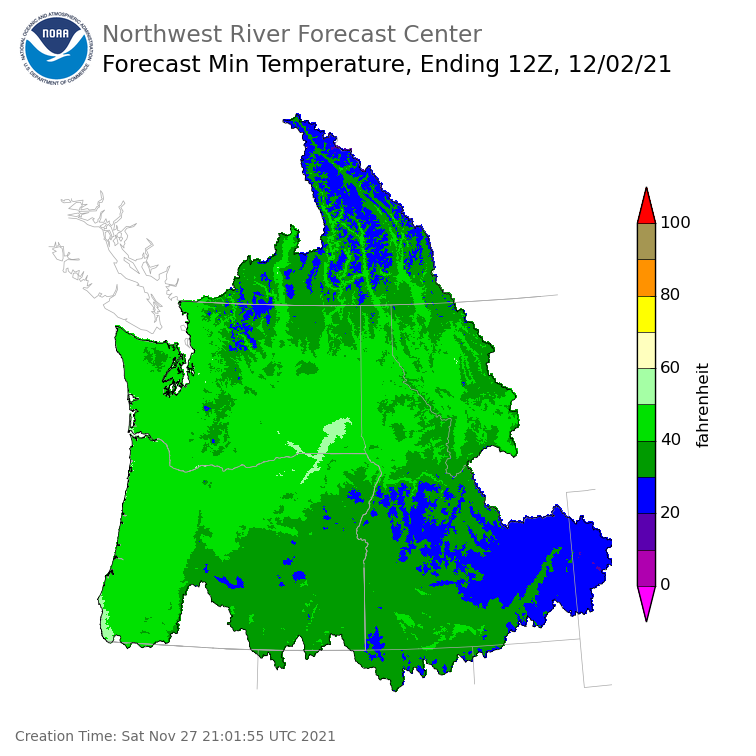 Day 5 (Wednesday): Min Temperature Forecast ending Thursday, December 2 at 4 am PST