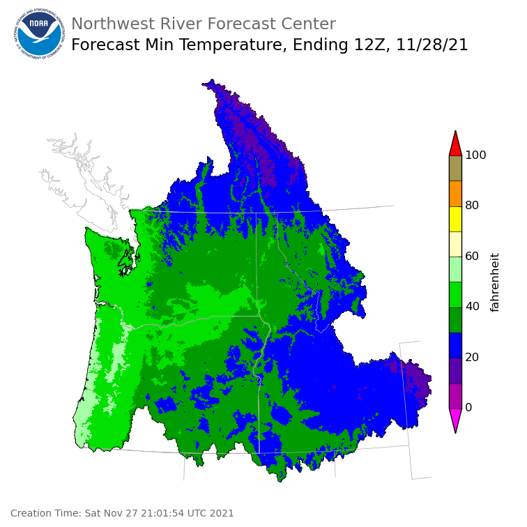 Day 1 (Saturday): Min Temperature Forecast ending Sunday, November 28 at 4 am PST