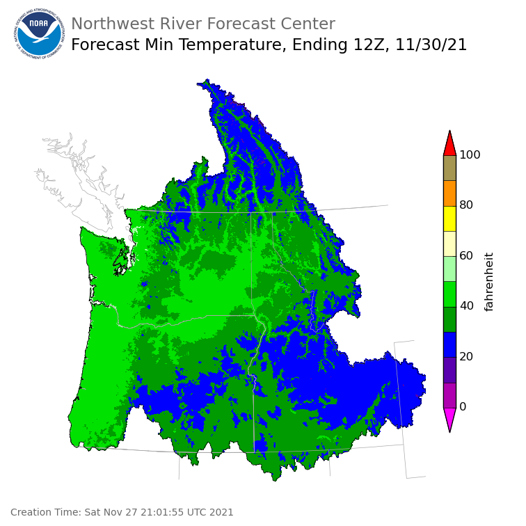 Day 3 (Monday): Min Temperature Forecast ending Tuesday, November 30 at 4 am PST