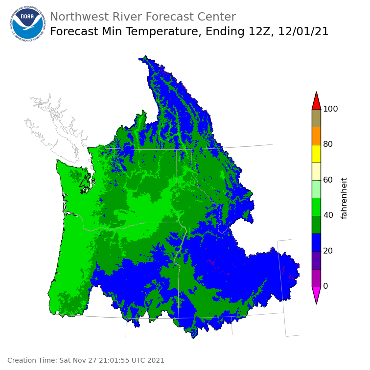 Day 4 (Tuesday): Min Temperature Forecast ending Wednesday, December 1 at 4 am PST