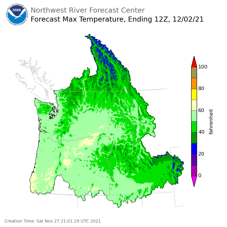 Day 5 (Wednesday): Max Temperature Forecast ending Thursday, December 2 at 4 am PST