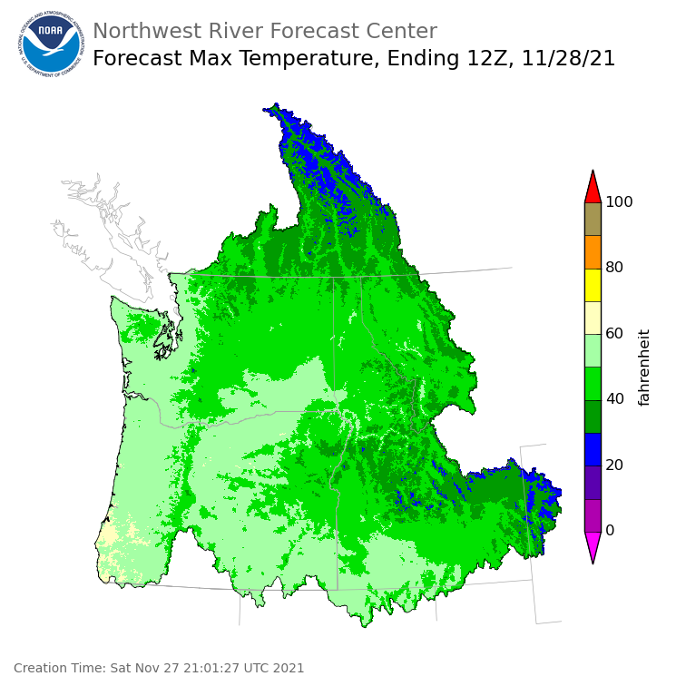 Day 1 (Saturday): Max Temperature Forecast ending Sunday, November 28 at 4 am PST