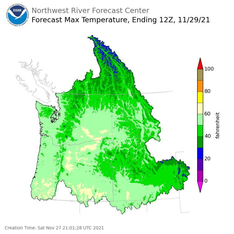 Day 2 (Sunday): Max Temperature Forecast ending Monday, November 29 at 4 am PST