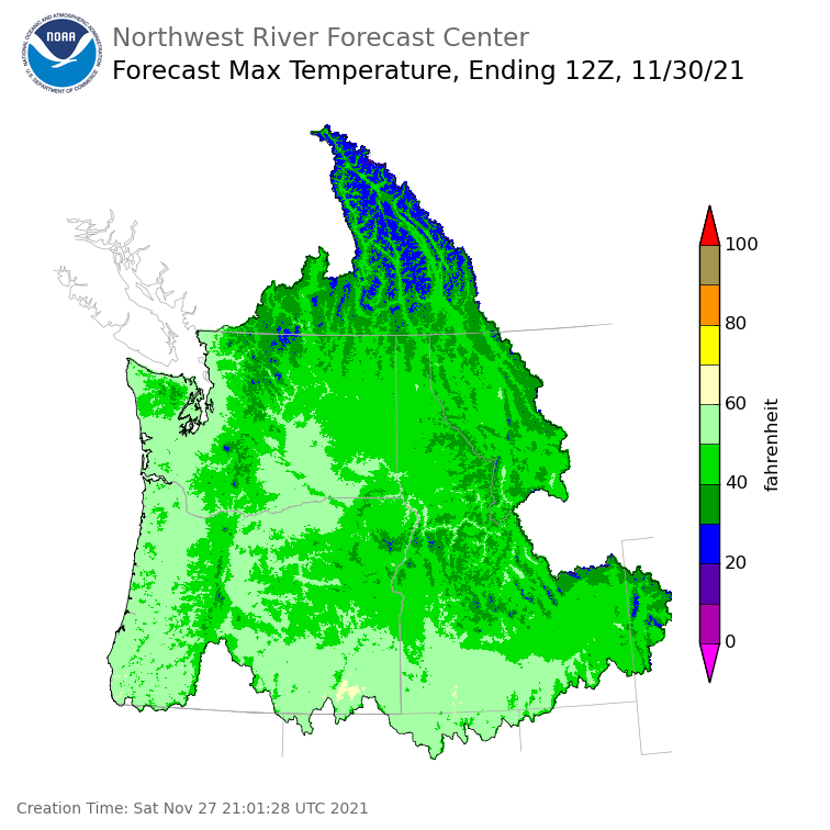 Day 3 (Monday): Max Temperature Forecast ending Tuesday, November 30 at 4 am PST