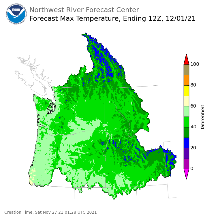 Day 4 (Tuesday): Max Temperature Forecast ending Wednesday, December 1 at 4 am PST