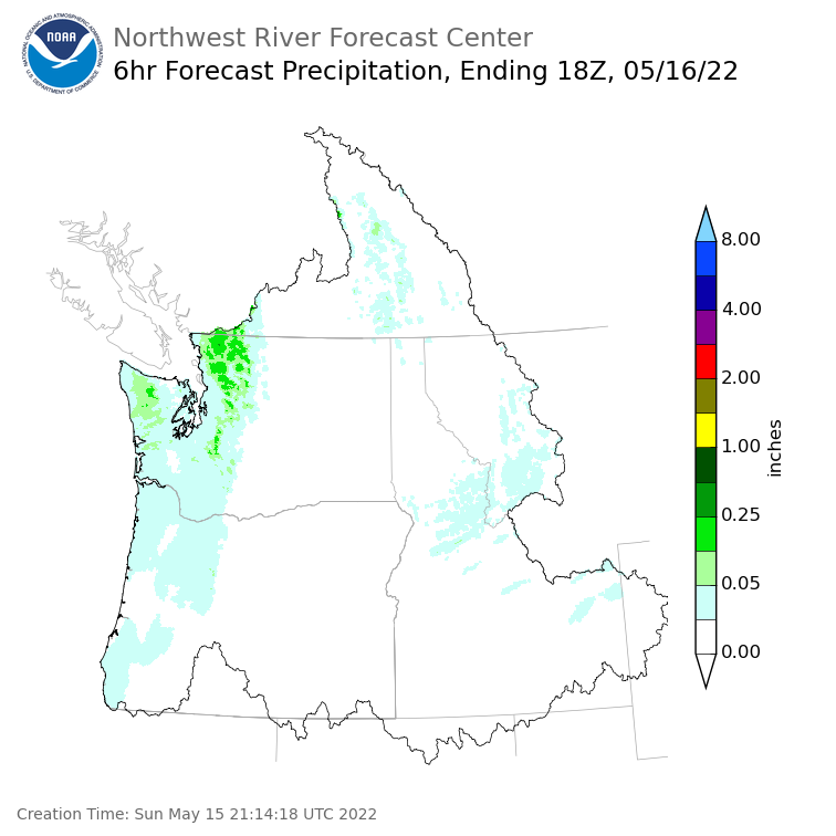 Day 2 (Monday): 6 Hourly Precipitation Forecast  ending Monday, May 16 at 11 am PDT