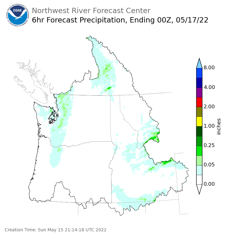Day 2 (Monday): 6 Hourly Precipitation Forecast  ending Monday, May 16 at 5 pm PDT