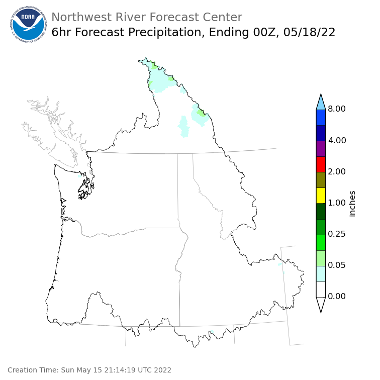 Day 3 (Tuesday): 6 Hourly Precipitation Forecast  ending Tuesday, May 17 at 5 pm PDT
