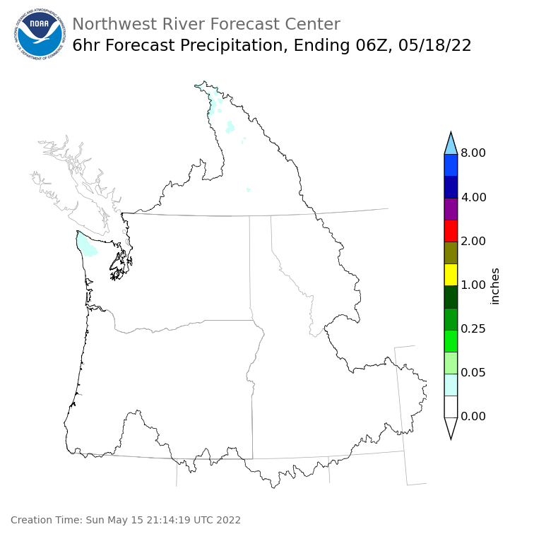 Day 3 (Tuesday): 6 Hourly Precipitation Forecast  ending Tuesday, May 17 at 11 pm PDT
