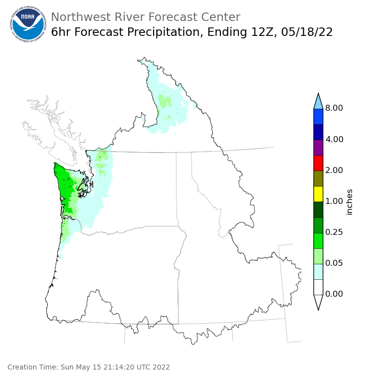 Day 3 (Tuesday): 6 Hourly Precipitation Forecast  ending Wednesday, May 18 at 5 am PDT