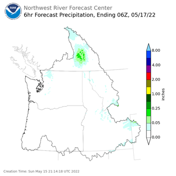 Day 2 (Monday): 6 Hourly Precipitation Forecast  ending Monday, May 16 at 11 pm PDT