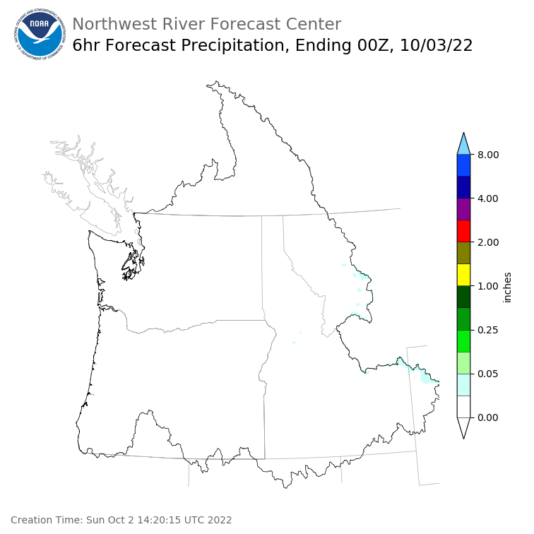 Day 1 (Sunday): 6 Hourly Precipitation Forecast ending Sunday, October 2 at 5 pm PDT