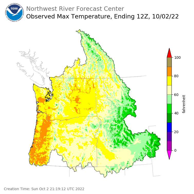 Maximum Temperatures ending Saturday, October 1 at 9 pm PDT