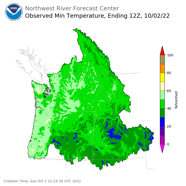 Minimum Temperatures ending Sunday, October 2 at 5 am PDT