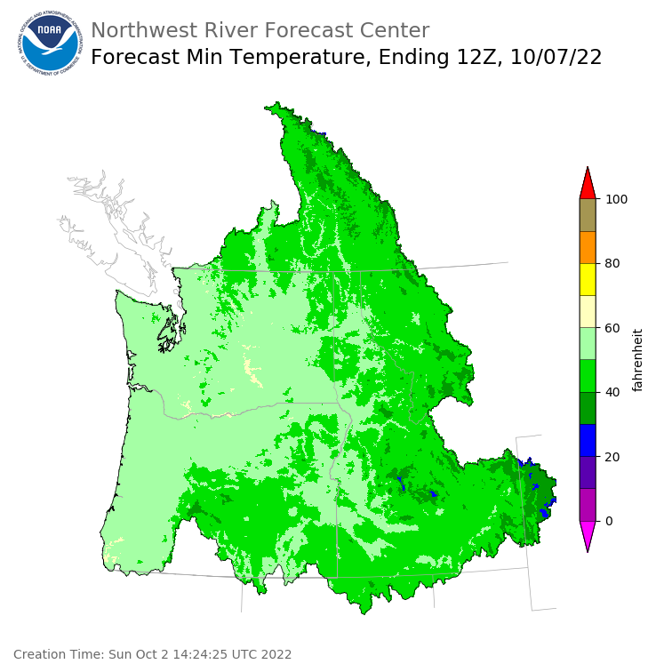 Day 5 (Thursday): Min Temperature Forecast ending Friday, October 7 at 5 am PDT