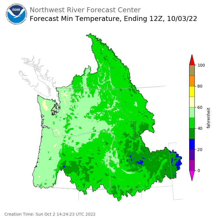 Day 1 (Sunday): Min Temperature Forecast ending Monday, October 3 at 5 am PDT