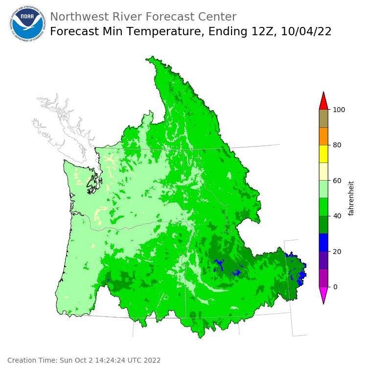 Day 2 (Monday): Min Temperature Forecast ending Tuesday, October 4 at 5 am PDT