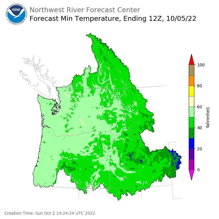 Day 3 (Tuesday): Min Temperature Forecast ending Wednesday, October 5 at 5 am PDT