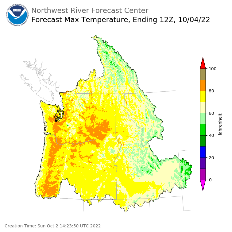 Day 2 (Monday): Max Temperature Forecast ending Tuesday, October 4 at 5 am PDT