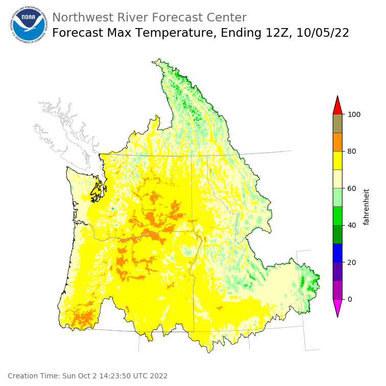 Day 3 (Tuesday): Max Temperature Forecast ending Wednesday, October 5 at 5 am PDT