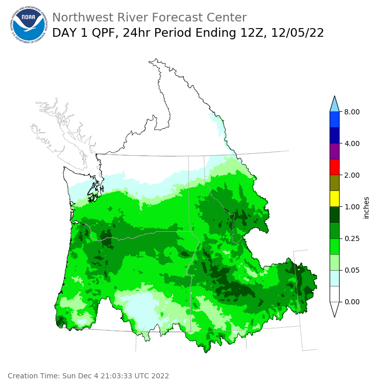 Day 1 (Sunday): Precipitation Forecast ending Monday, December 5 at 4 am PST