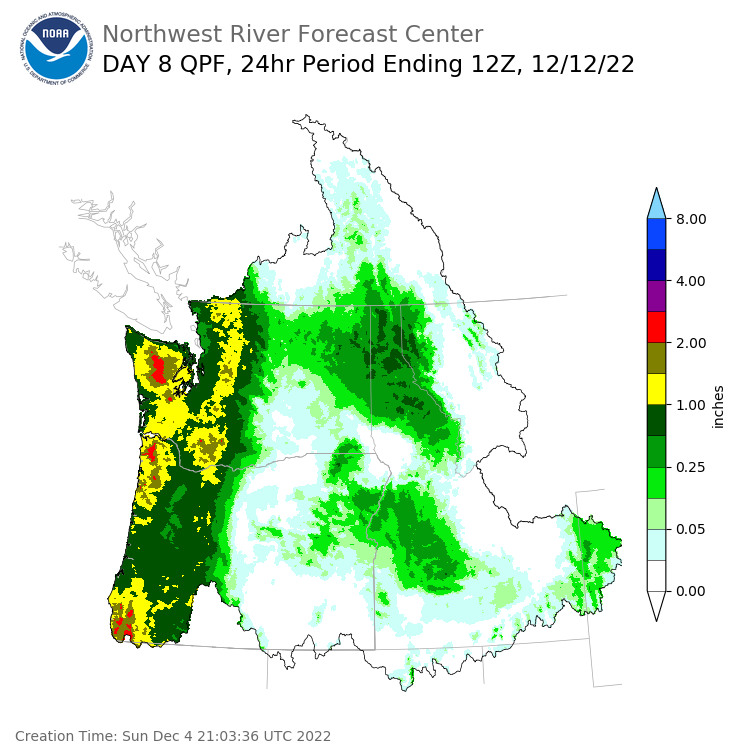 Day 8 (Sunday): Precipitation Forecast ending Monday, December 12 at 4 am PST