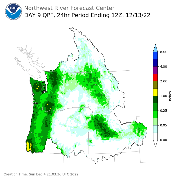 Day 9 (Monday): Precipitation Forecast ending Tuesday, December 13 at 4 am PST