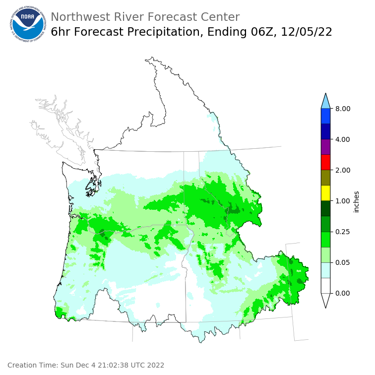 Day 1 (Sunday): 6 Hourly Precipitation Forecast ending Sunday, December 4 at 10 pm PST