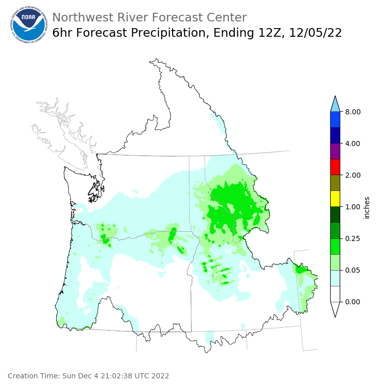 Day 1 (Sunday): 6 Hourly Precipitation Forecast ending Monday, December 5 at 4 am PST