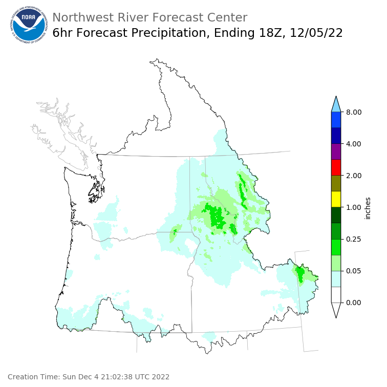 Day 2 (Monday): 6 Hourly Precipitation Forecast  ending Monday, December 5 at 10 am PST