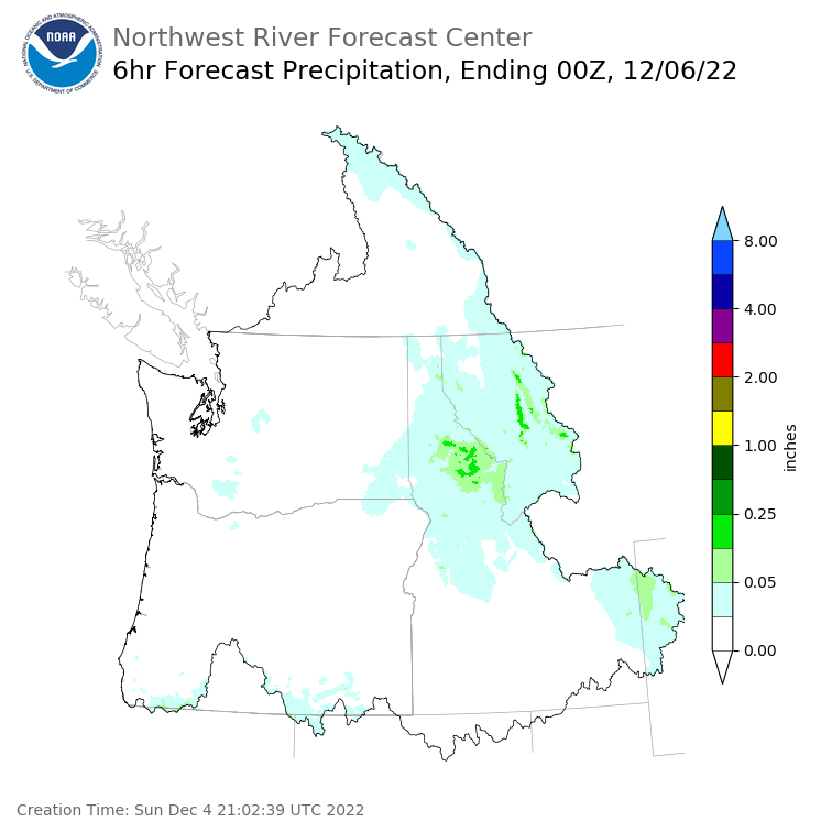 Day 2 (Monday): 6 Hourly Precipitation Forecast  ending Monday, December 5 at 4 pm PST