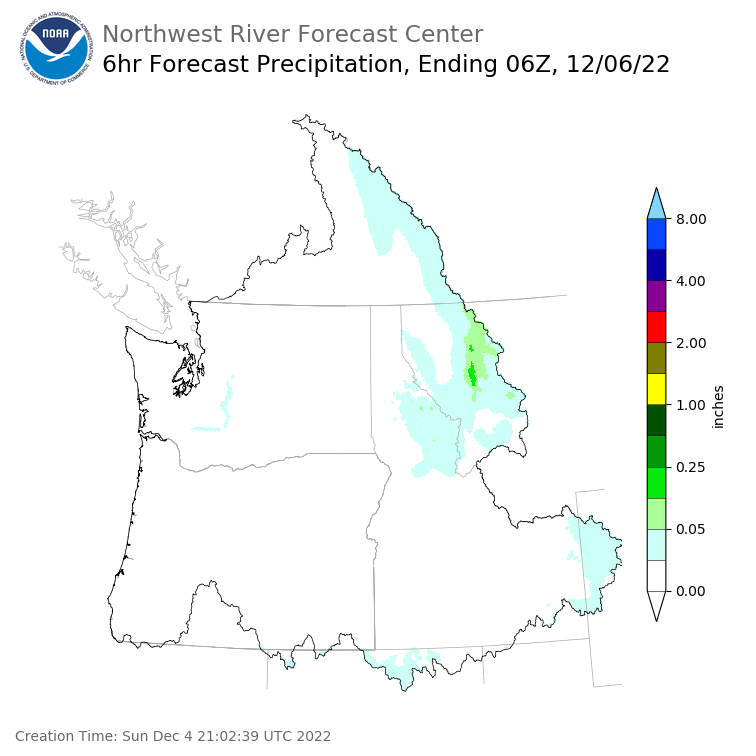 Day 2 (Monday): 6 Hourly Precipitation Forecast  ending Monday, December 5 at 10 pm PST