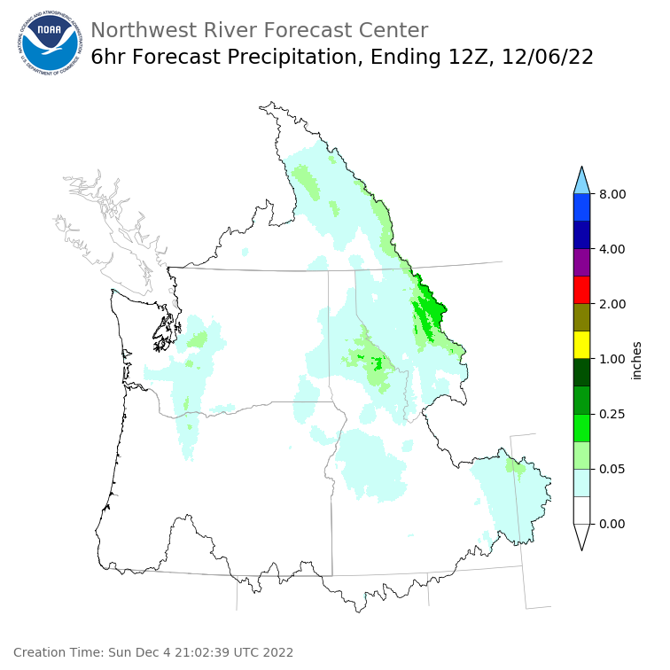 Day 2 (Monday): 6 Hourly Precipitation Forecast  ending Tuesday, December 6 at 4 am PST