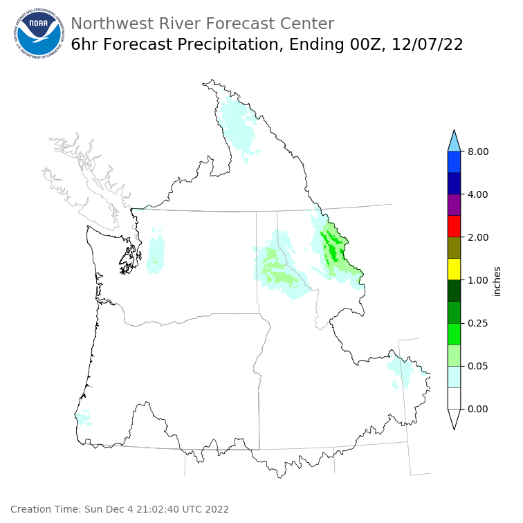 Day 3 (Tuesday): 6 Hourly Precipitation Forecast  ending Tuesday, December 6 at 4 pm PST