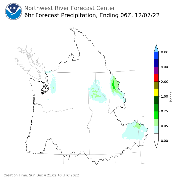 Day 3 (Tuesday): 6 Hourly Precipitation Forecast  ending Tuesday, December 6 at 10 pm PST