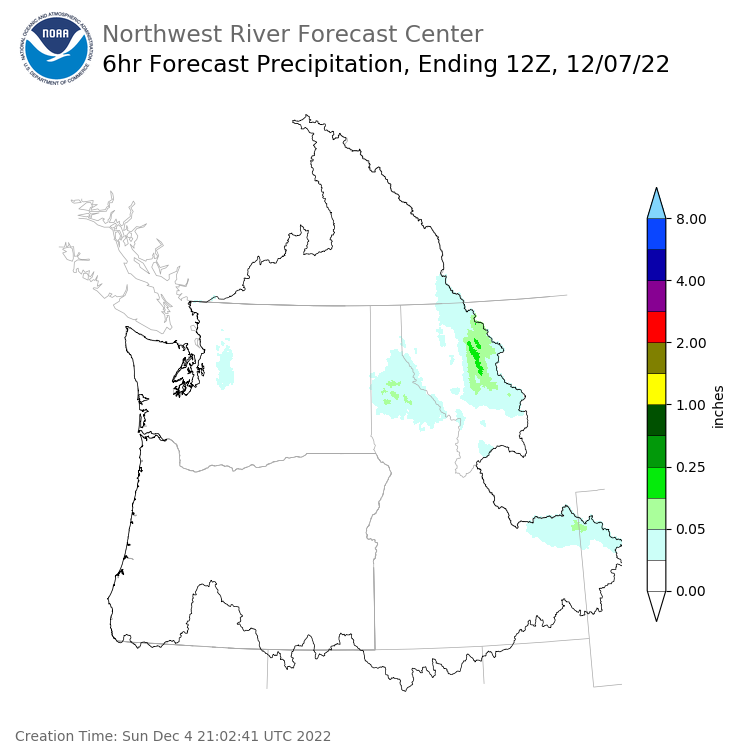 Day 3 (Tuesday): 6 Hourly Precipitation Forecast  ending Wednesday, December 7 at 4 am PST