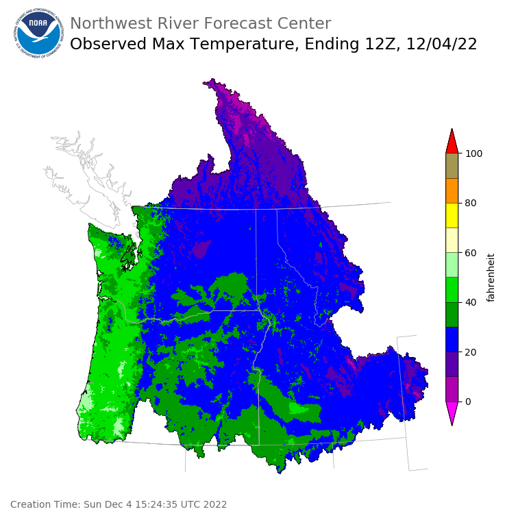 Maximum Temperatures ending Saturday, December 3 at 8 pm PST