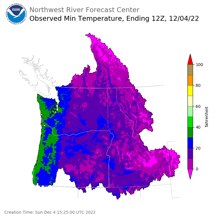 Minimum Temperatures ending Sunday, December 4 at 4 am PST