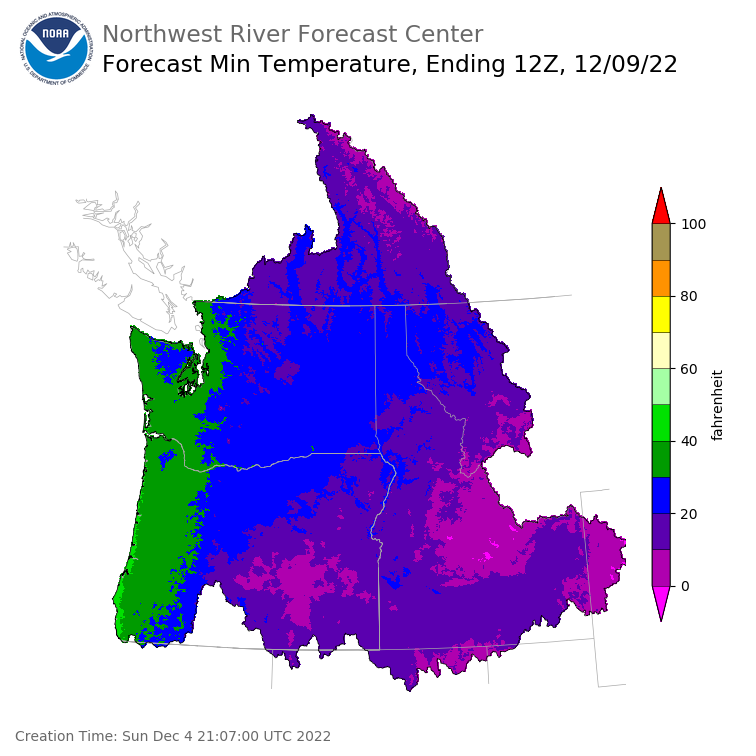 Day 5 (Thursday): Min Temperature Forecast ending Friday, December 9 at 4 am PST