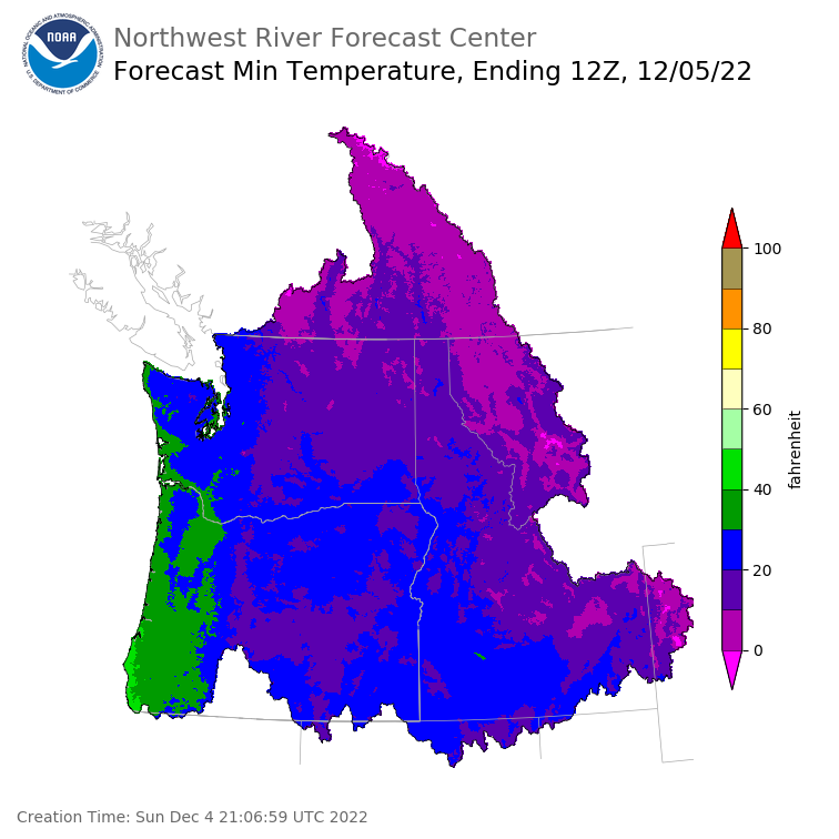 Day 1 (Sunday): Min Temperature Forecast ending Monday, December 5 at 4 am PST