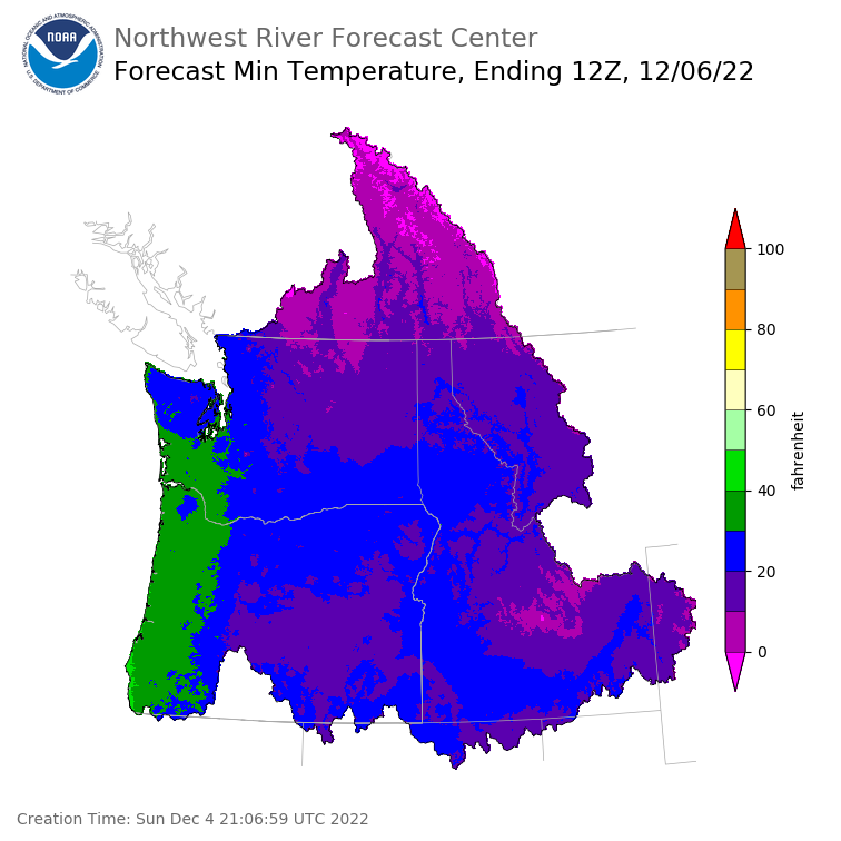 Day 2 (Monday): Min Temperature Forecast ending Tuesday, December 6 at 4 am PST