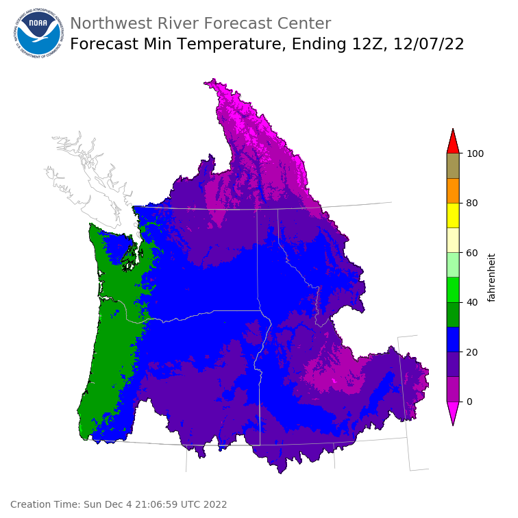 Day 3 (Tuesday): Min Temperature Forecast ending Wednesday, December 7 at 4 am PST