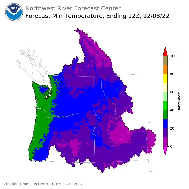 Day 4 (Wednesday): Min Temperature Forecast ending Thursday, December 8 at 4 am PST